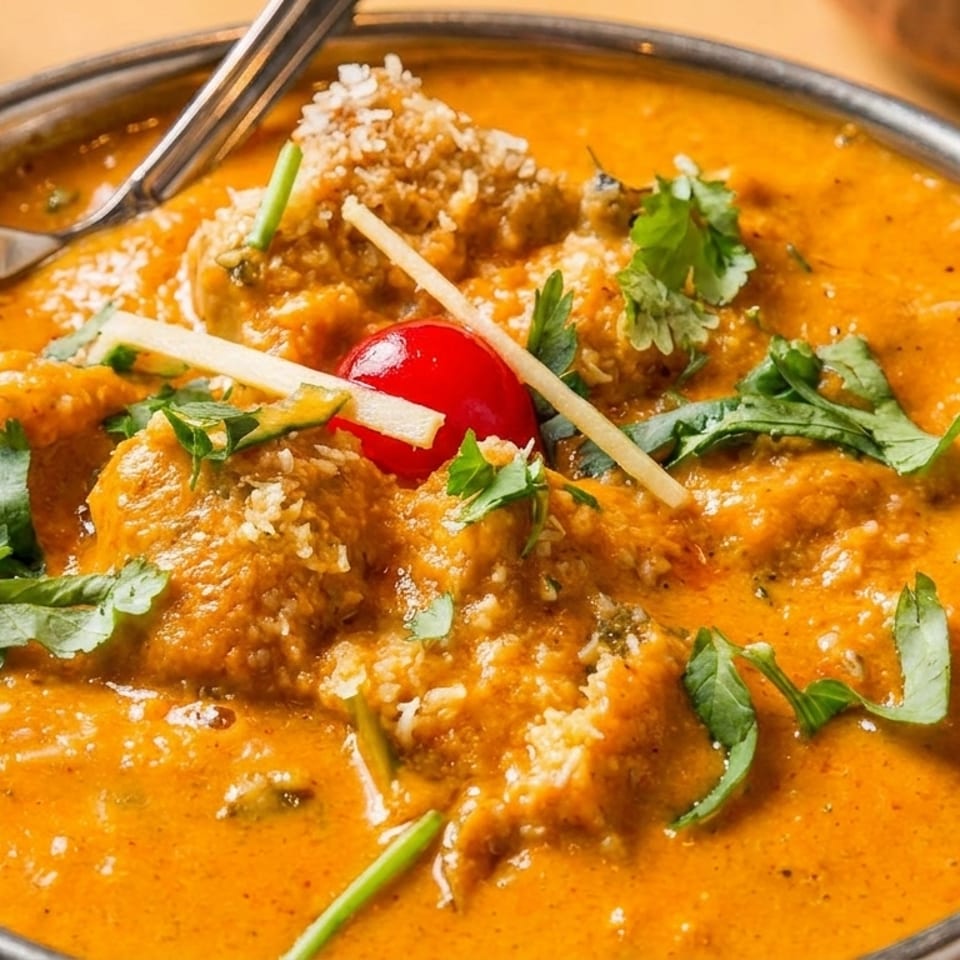 Creamy orange curry with meatballs, cilantro, ginger strips, and a red chili served in a metal bowl.