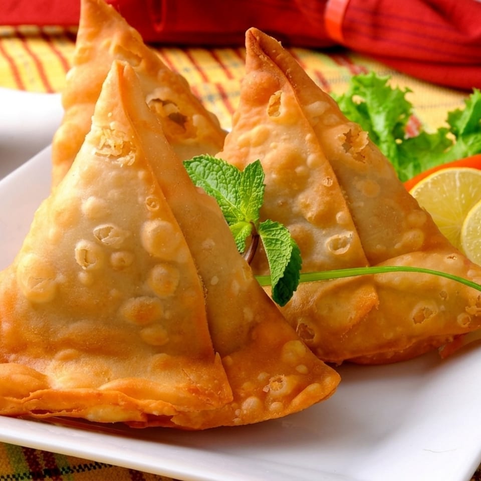 Golden fried samosas arranged on a white plate with mint, lettuce, sliced lemons, and bowls of red and green chutney.
