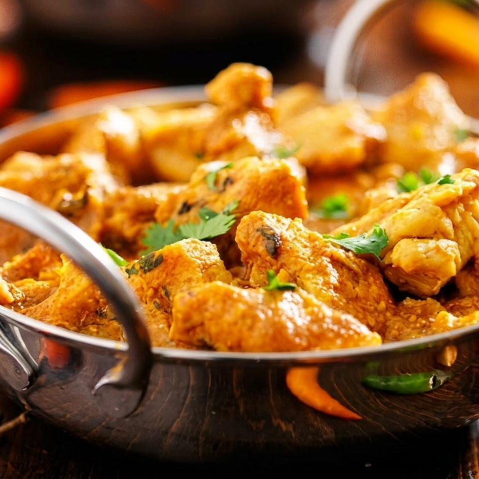 Golden, spiced fried chicken pieces garnished with cilantro in a metal serving bowl, surrounded by colorful chili peppers.