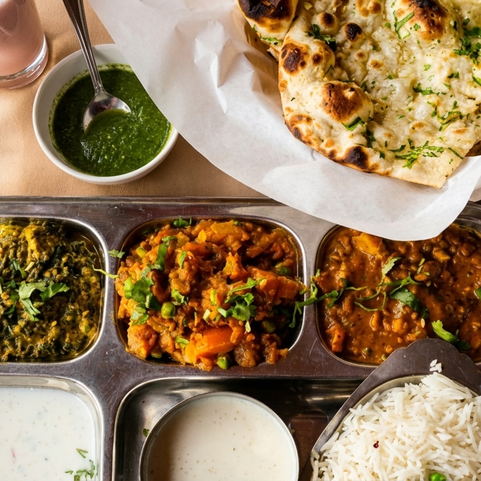 Indian thali platter with curries, basmati rice, yogurt, naan, green chutney, water, and a pink drink on a restaurant table.