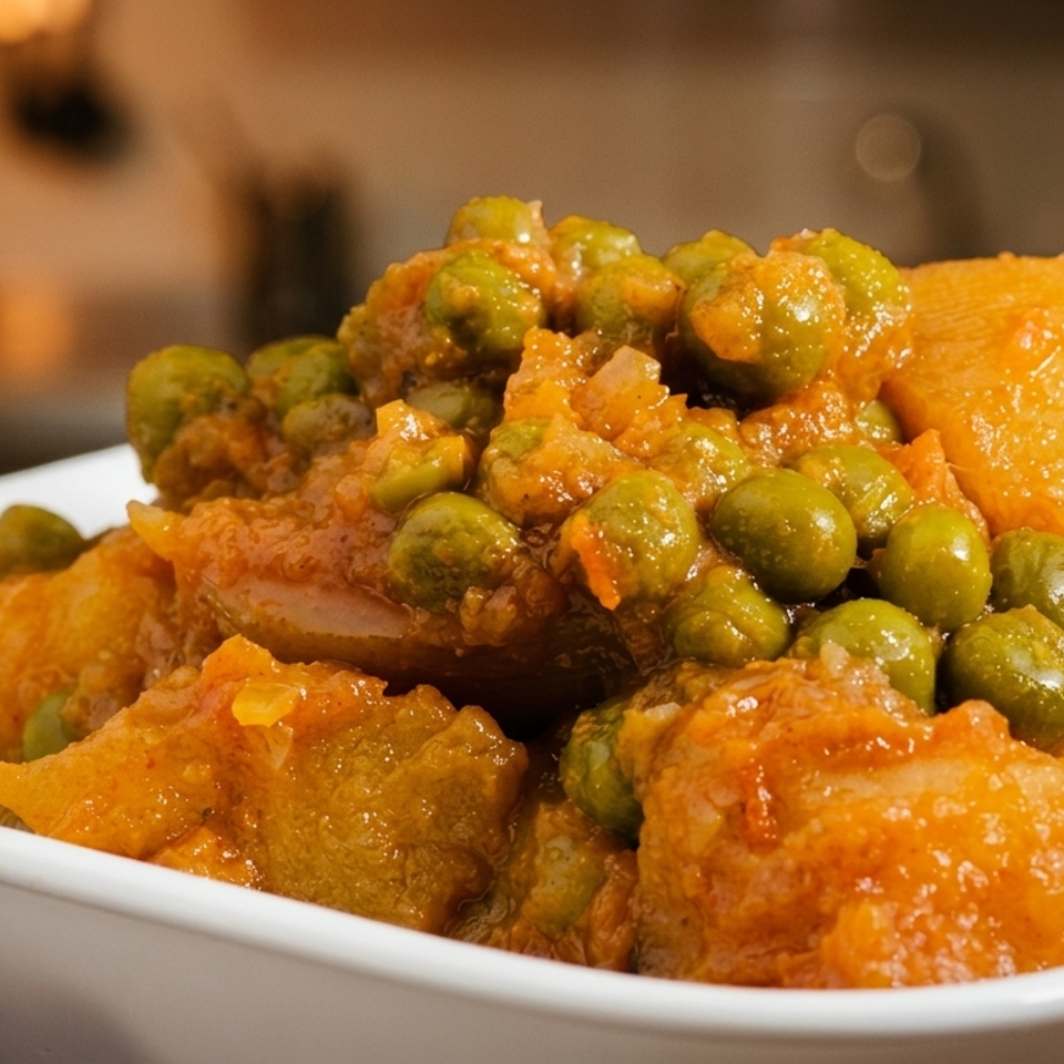 Close-up of potato and green pea curry in tomato sauce, served in a white bowl at a warmly lit restaurant.