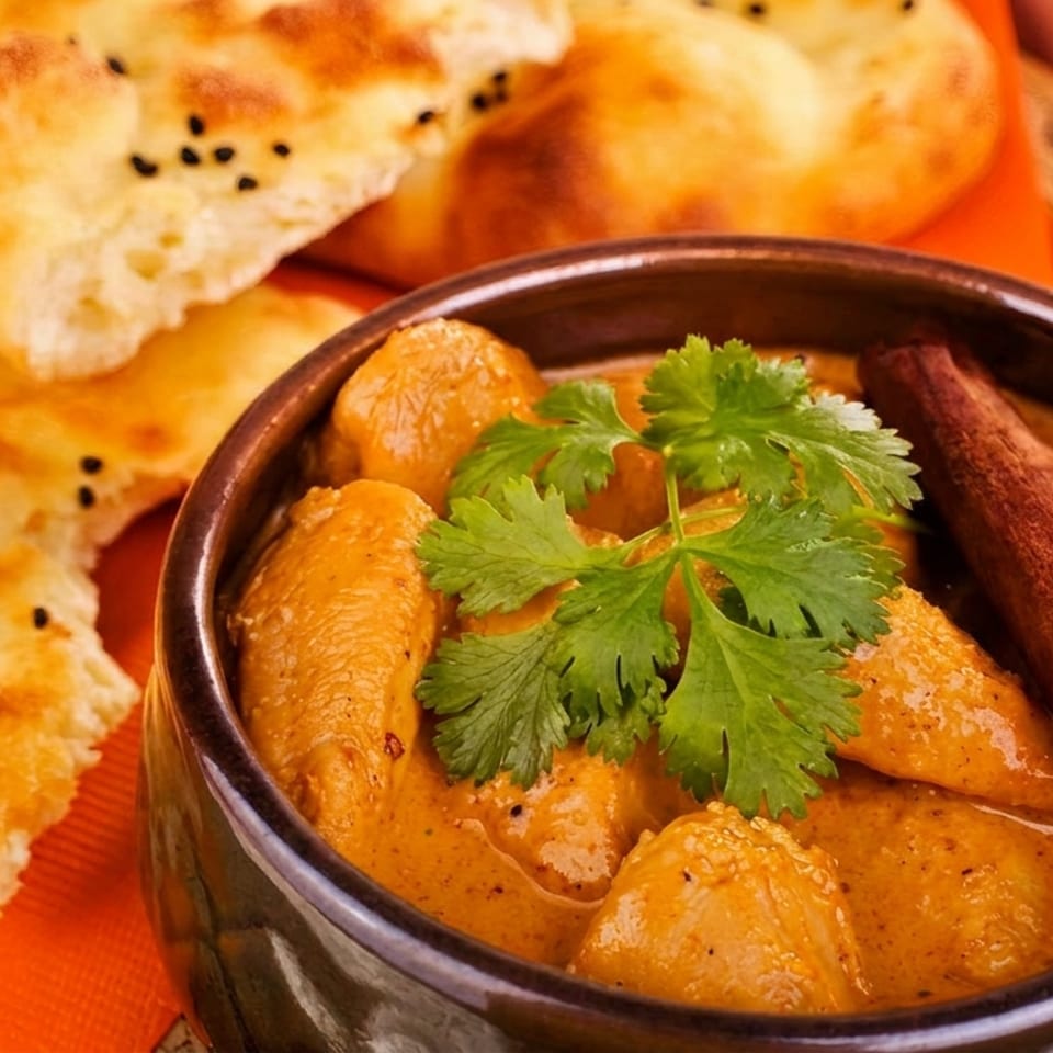 Creamy orange curry garnished with cilantro and cinnamon, served in a bowl alongside naan bread on an orange plate.
