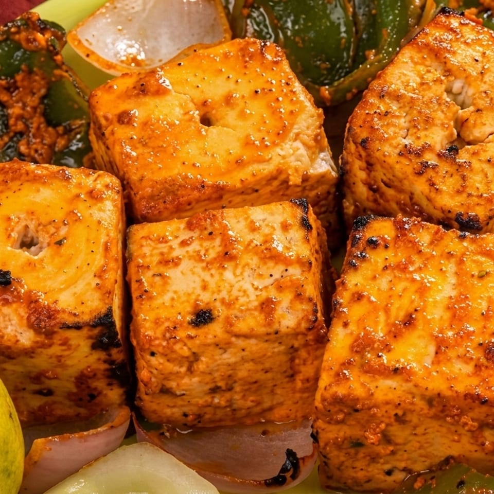 Grilled orange-marinated paneer cubes served with green peppers, onions, and a lemon wedge on a green plate.